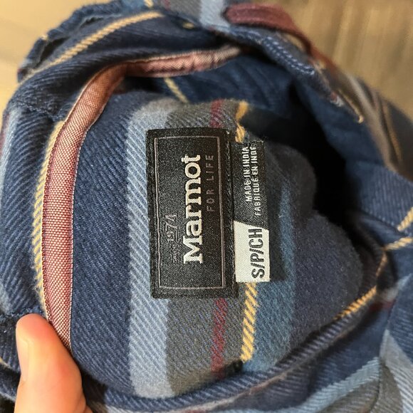 Marmot Men's blue, burgundy & gold striped Hooded Flannel shirt S jacket EUC - Picture 6 of 6